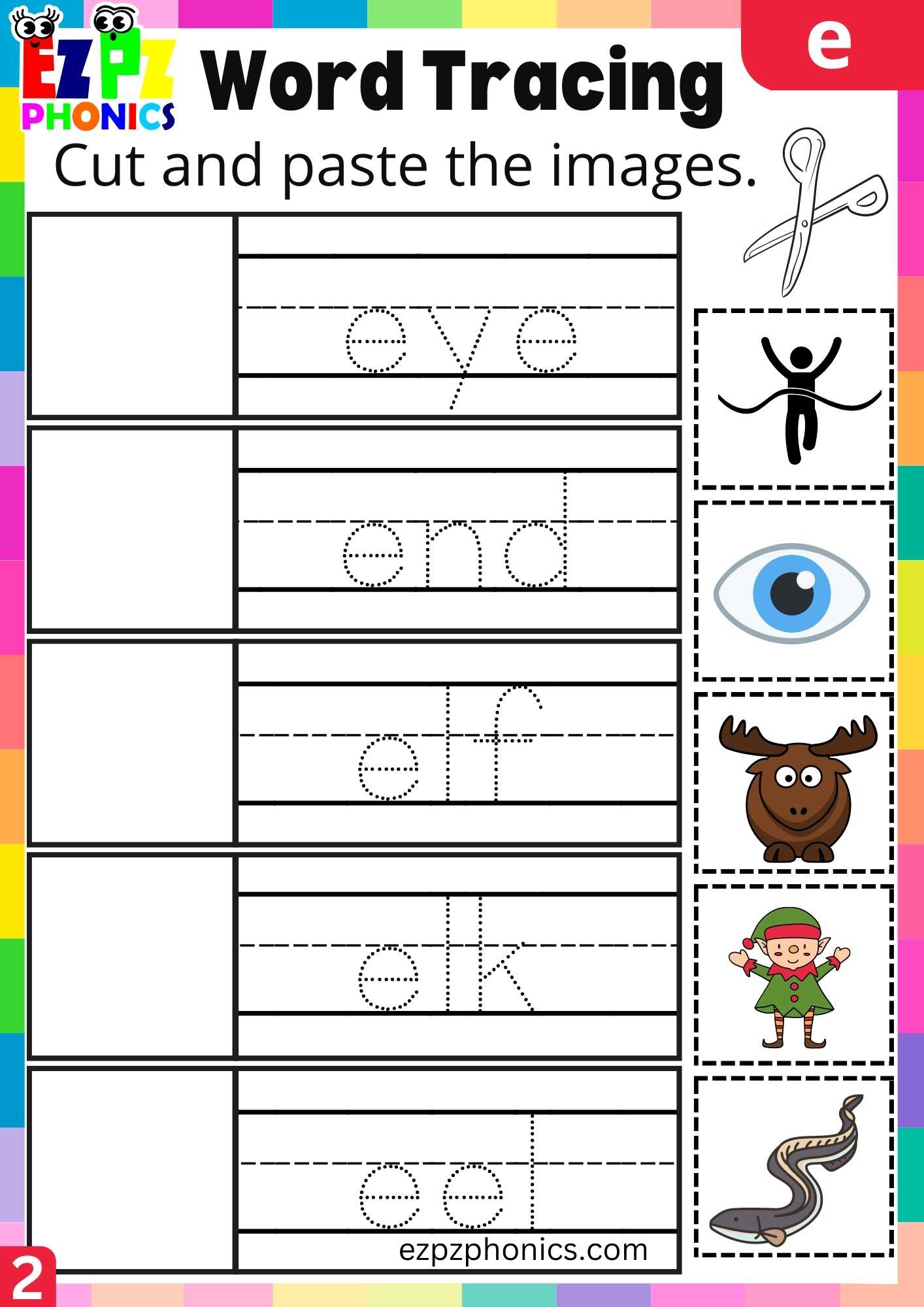 Group2 Letter E Word Tracing Beginning Sounds Worksheet